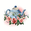 Illustration household items gift teapot decorated with flowers. Cute little romantic pictures with flowers. Beautiful pink roses.Isolated