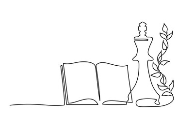 Wall Mural - Opened book with chess queen and plant. One line drawing