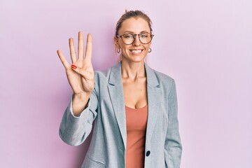 Poster - Beautiful caucasian woman wearing business jacket and glasses showing and pointing up with fingers number four while smiling confident and happy.