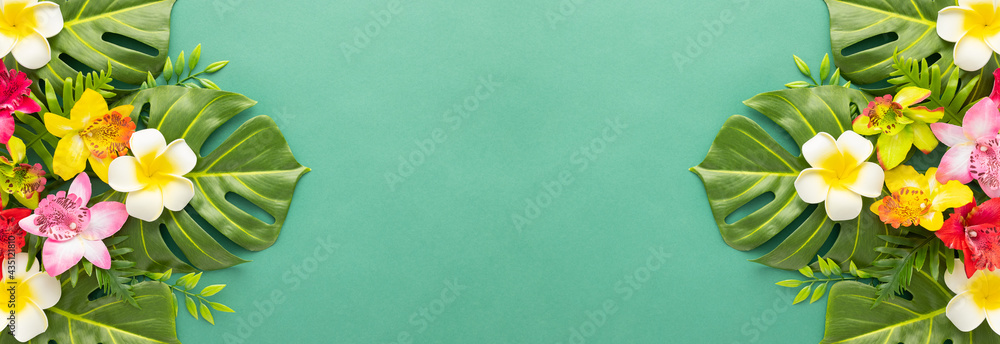 Summer background with tropical orchid flowers and green tropical palm ...
