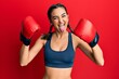 Young brunette girl using boxing gloves wearing braids sticking tongue out happy with funny expression.