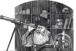 Black and white vector drawing of of an ancient astronomer looking to telescope
