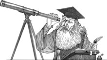 Black And White Vector Drawing Of Of An Ancient Astronomer Looking To Telescope