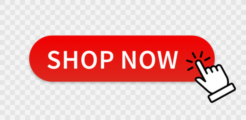 Shop now red button with hand cursor. Buy now hand pointer clicking. Click here banner with shadow. Click button isolated. Online shopping. Vector illustration.
