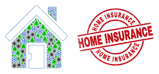 Canvas Print - Winter pandemic collage home, and Home Insurance red round seal. Collage home is done with Covid-2019, fir tree, and snow symbols. Red Home Insurance seal uses circles and lines.