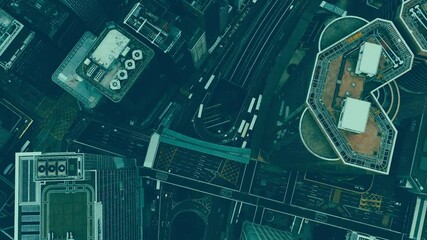 Fototapete - Hong Kong city aerial view, film look, with cyan, light bluish color tones.