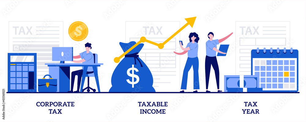 Corporate tax, taxable income, tax year concept with tiny people. Tax payment abstract vector illustration set. Company auditing, bookkeeping and accounting, finance analytics metaphor - obrazy, fototapety, plakaty 