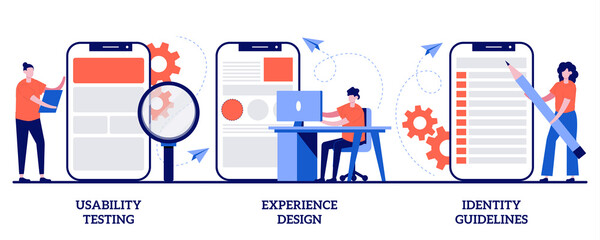 Usability testing, experience design, identity guidelines concept with tiny people. App prototyping abstract vector illustration set. User friendly interface development, branding plan metaphor