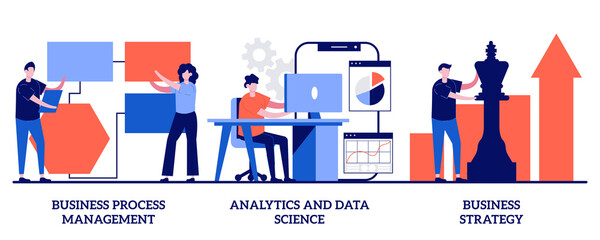 Business process management, analytics and data science, business strategy concept with tiny people. Workflow organization, statistical analysis, corporate planning abstract vector illustration set