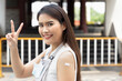 © 9nong - Reopening restaurant and catering business with vaccinated service worker, concept of frontline worker waitress inoculation, herd immunity victory, successful vaccine roll-out program