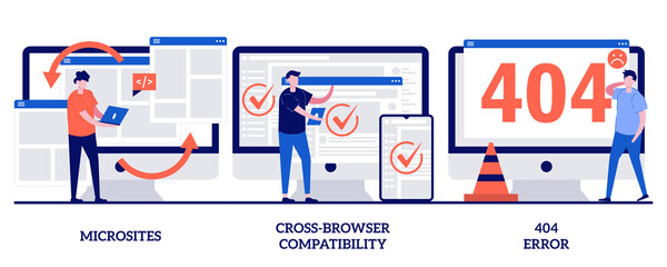 Microsite interface, cross-browser compatibility, 404 error concept with tiny people. Web development vector illustration set. Programming, company page, page not found, website user metaphor