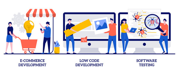 E-commerce development, low code development, IT software testing concept with tiny people. Application software vector illustration set. Online shopping app coding, QA team, bug fixing metaphor