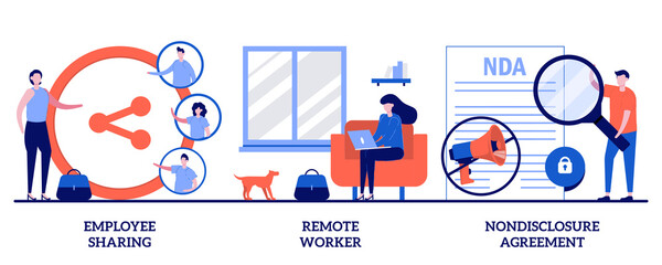 Poster - Employee sharing, remote worker, nondisclosure agreement concept with tiny people. Employment options vector illustration set. Sign contract, freelance worker, confidential information metaphor