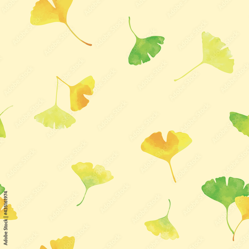 おどるイチョウの葉 水彩イラスト シームレス 連続模様 黄色背景 Wall Mural Pp7 おどるイチョウの葉 水彩イラスト シームレス 連続模様 黄色背景 Wall Mural Pp7