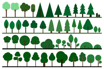 Green trees in a flat design. Various forest line. Natural product, garden, nature cosmetics, cartoon ecology nature sign. Different trees collection. Vector illustration.