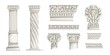 Greek columns. Ancient Roman architecture decorative elements. Antiqua Corinthian pillars or wall ornaments. Carved marble construction decor. Vector stone parts of historical buildings