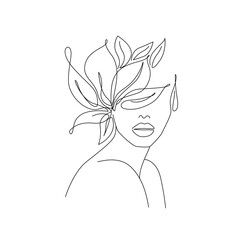 Wall Mural - Elegant Woman Face with Flowers One Line Art Style Drawing. Continuous Line Art Minimalist Style for Wall Art, Print, Tattoo, Poster, Textile etc. Floral Female Fashion Face Vector illustration