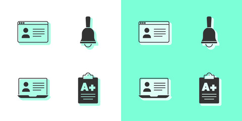 Sticker - Set Exam sheet with A plus grade, Online class, and Ringing bell icon. Vector