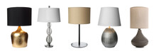 Collage With Different Stylish Night Lamps On White Background. Banner Design
