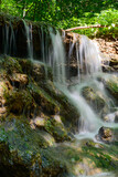 Fototapeta Natura - Forest small waterfall on a sunny summer day