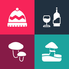 Sticker - Set pop art Mushroom, , Wine bottle with glass and Winter hat icon. Vector