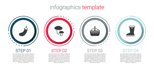 Sticker - Set Eggplant, Mushroom, Basket and Waterproof rubber boot. Business infographic template. Vector