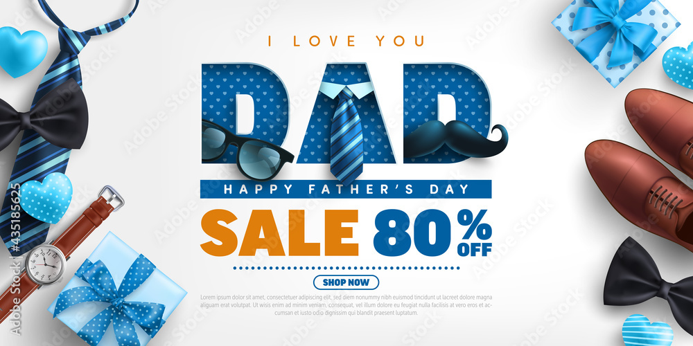 Father's Day Sale poster or banner template with necktie,glasses and gift box on blue.Greetings and presents for Father's Day in flat lay styling.Promotion and shopping template for love dad concept - obrazy, fototapety, plakaty 