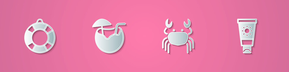 Sticker - Set paper cut Lifebuoy, Coconut cocktail, Crab and Sunscreen cream in tube icon. Paper art style. Vector