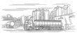 Tank truck (gas truck) in industrial zone linear (lineart) illustration, vector. 