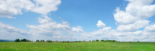 Natural Summer Rustic Landscape. Green Field And Blue Clouds Sky. Bright Summer Countryside Background. Banner