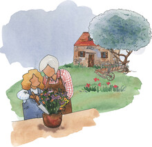 Grandmother And Granddaughter Planting Flowers, Watercolor Cottagecore Art, Farm Life Scenery Illustration, , Grandparents And Grandkids, Watercolor Landscape Clipart,  Country House Scenery