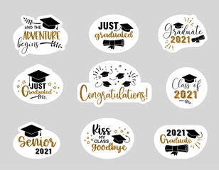 Poster - Graduation congratulations at school, university or college . Sticker pack with golden glitter effect