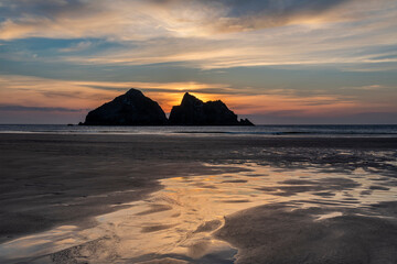 Wall Mural - absolutely beautiful landscape images of holywell bay beach in cornwall uk during golden hojur sunse