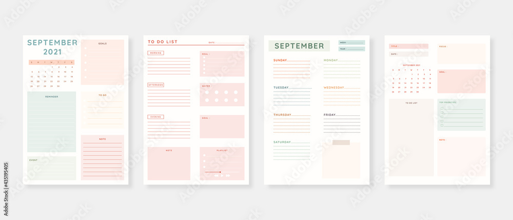 September 2021 - Planner. Modern planner template set. Set of planner and to do list. Monthly, weekly, daily planner template. Vector illustration. - obrazy, fototapety, plakaty 