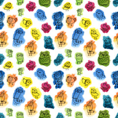 seamless watercolor pattern of multicolored doodle birds.