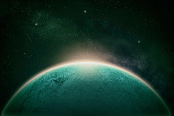 Wall Mural - Beautiful green, abstract planet with sunrise and beautiful stars in space. 3D illustration Space