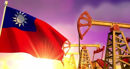 Wall Mural - Taiwan Province of China flag on background of oil wells