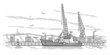 Ship in shipyard linear illustration. Industrial port sketch. Vector. 