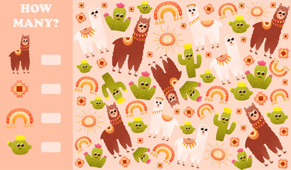 Wall Mural - Kids counting game puzzle with alpaca character, cactus and rainbow, indoor activity worksheet for printing