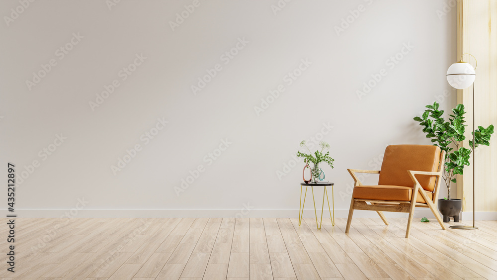 Living room interior wall mockup in warm tones with leather armchair on white wall background. - obrazy, fototapety, plakaty 