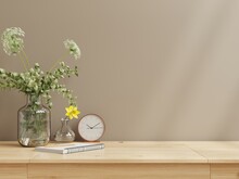 Interior Wall Mock Up With Flower Vase,dark Brown Wall And Wooden Shelf.