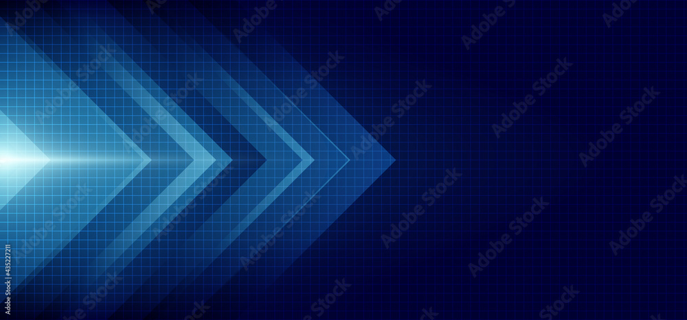 Abstract blue arrow glowing with lighting and line grid on blue ...