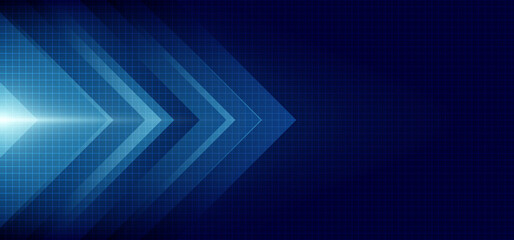 abstract blue arrow glowing with lighting and line grid on blue background technology hi-tech concep