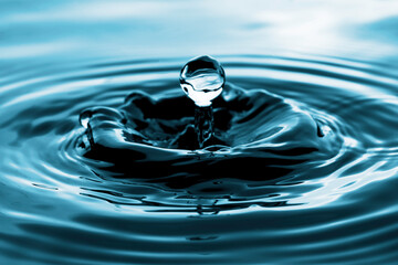 Closeup of transparent water droplet on water ring surface.