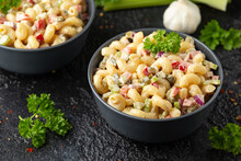 Macaroni Salad With Red Bell Pepper, Onion, Celery, Gherkins And Mayonnaise Dressing