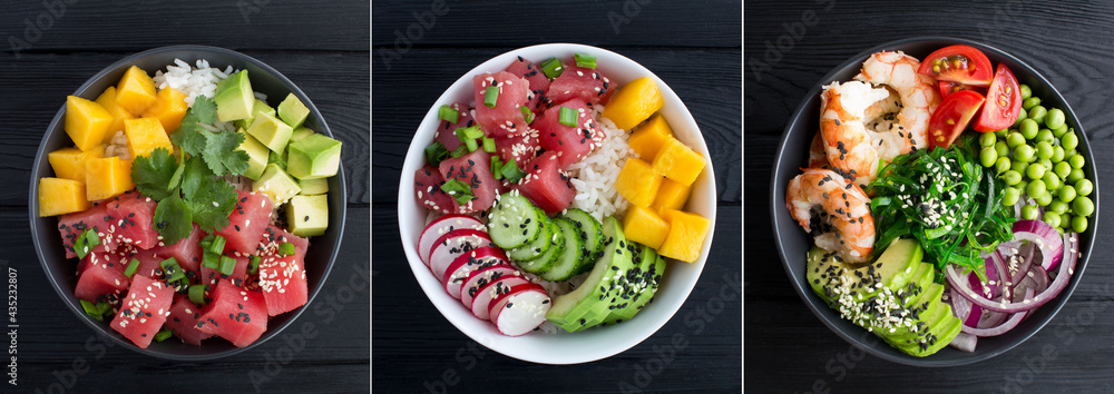 Collage of poke salad. Poke salad in the bowl on the black wooden background. Top view. Close-up. - obrazy, fototapety, plakaty 