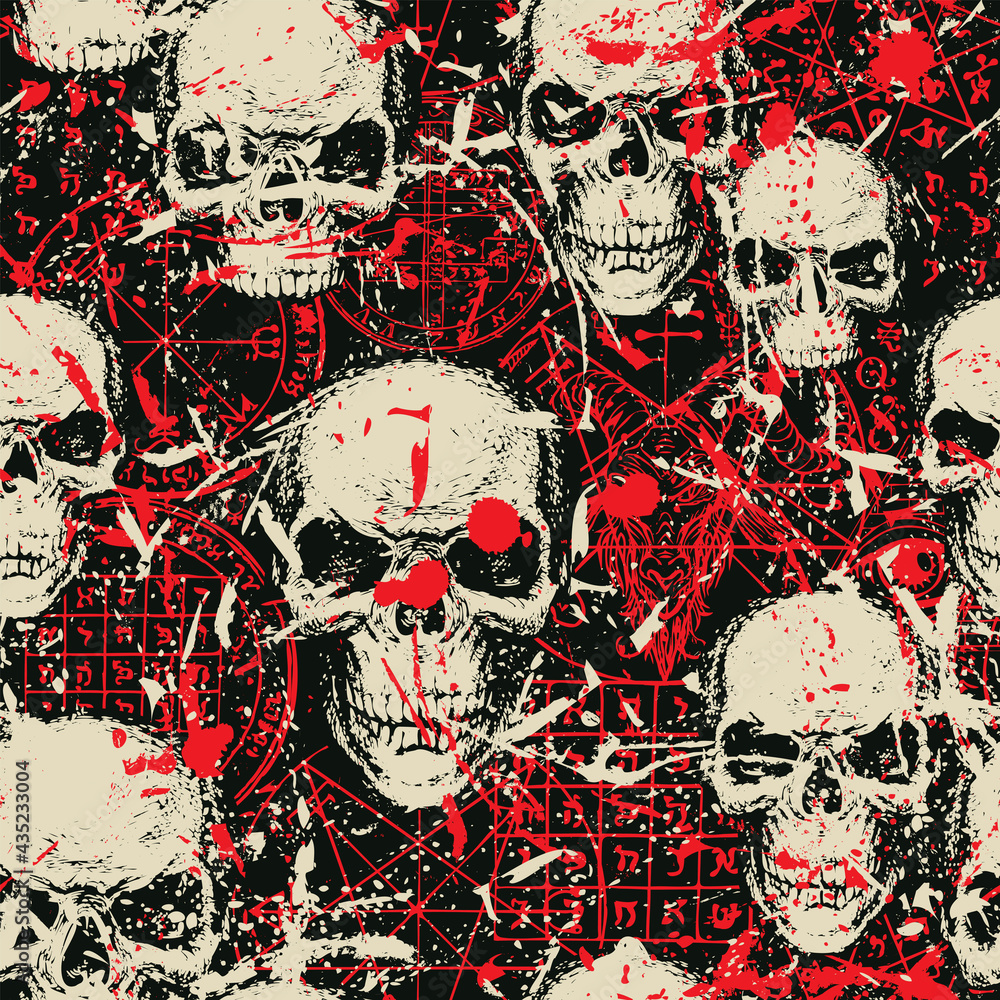 Abstract seamless pattern with sinister human skulls, blood stains and ...