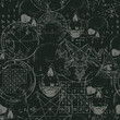 © paseven - Abstract gothic seamless pattern with goat head, human skulls, occult and ritual symbols on a black backdrop. Gloomy vector background on theme of satanism, black magic, occultism in grunge style