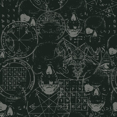 Wall Mural - Abstract gothic seamless pattern with goat head, human skulls, occult and ritual symbols on a black backdrop. Gloomy vector background on theme of satanism, black magic, occultism in grunge style