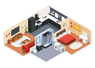Isometric apartment. Modern apartment interior design with bedroom, living room, kitchen, bathroom. 3d vector home interior layout. Comfortable furniture as bed, sofa, fridge and television